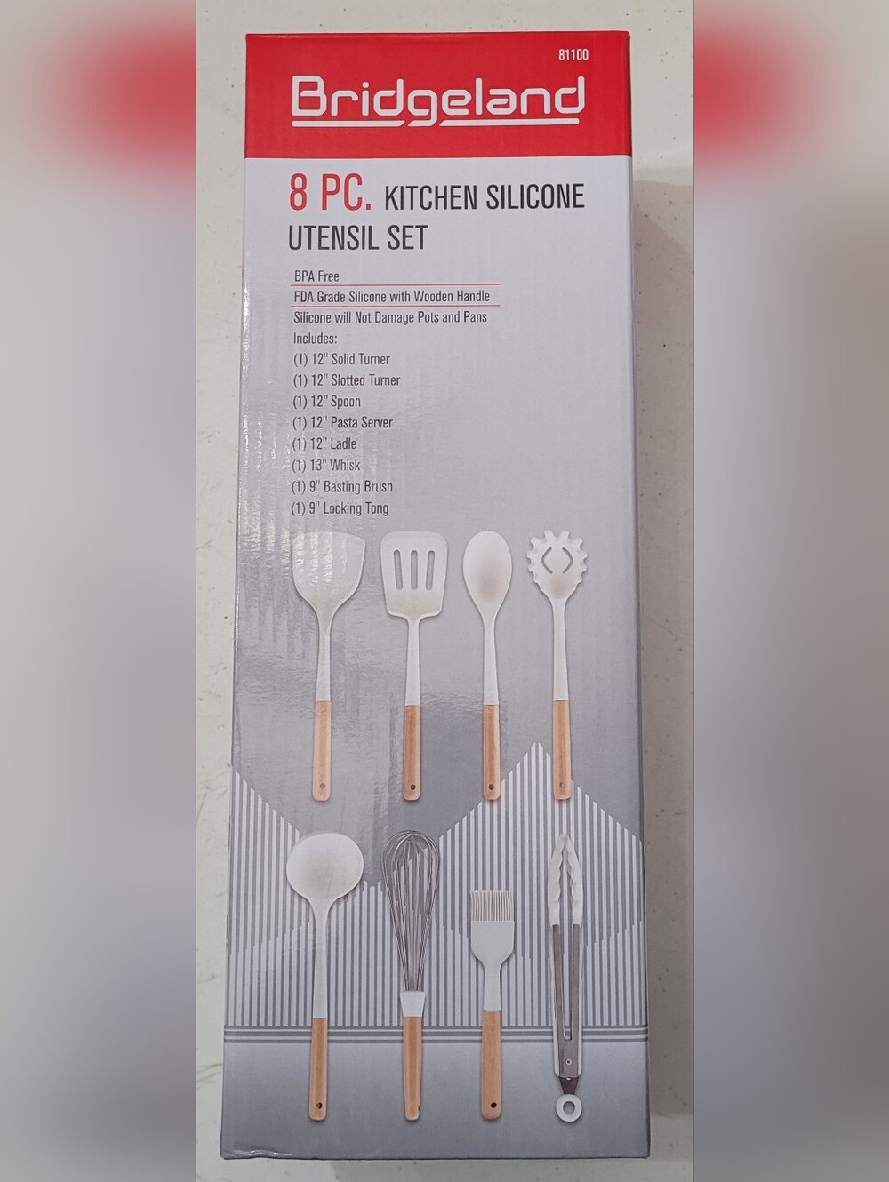 White Silicone Kitchen Utensil Set with Wooden Handles